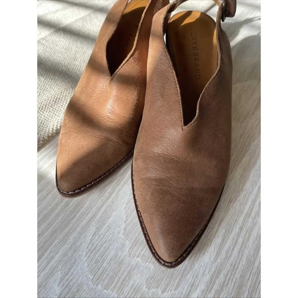 Lucky Brand Aroyli Leather slingback Shootie Boot Wood Stacked Heel Size 8 Brown